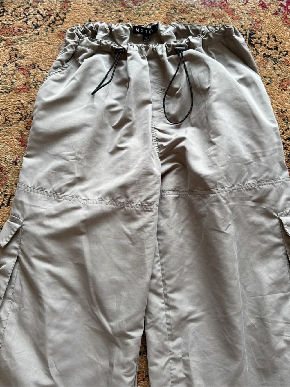 Drawstring Cargo Jumpsuit Pants in Light Taupe